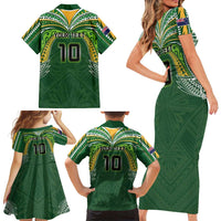 Custom Cook Islands Rugby League Family Matching Short Sleeve Bodycon Dress and Hawaiian Shirt Tatau Tribal Motifs-Dark Green Color - Polynesian Pride