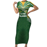 Custom Cook Islands Rugby League Family Matching Short Sleeve Bodycon Dress and Hawaiian Shirt Tatau Tribal Motifs-Dark Green Color - Polynesian Pride