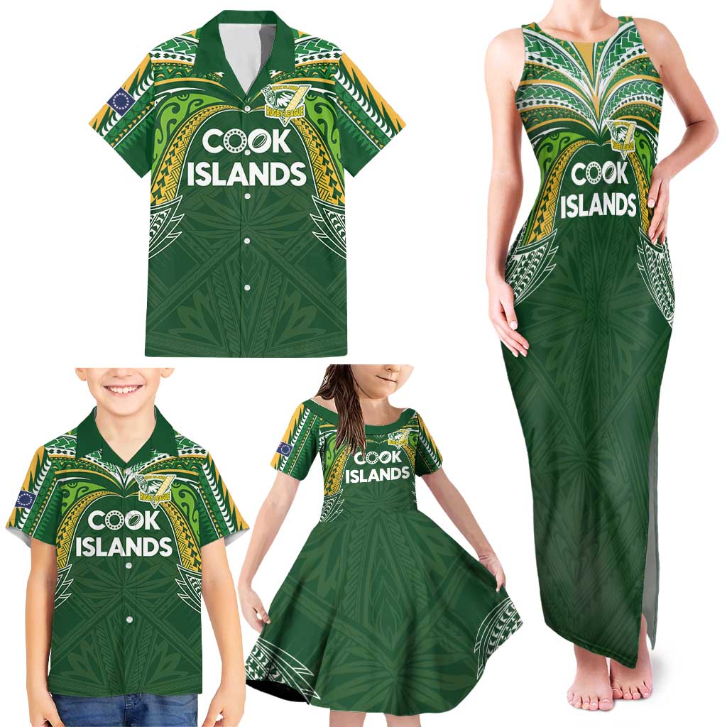 Custom Cook Islands Rugby League Family Matching Tank Maxi Dress and Hawaiian Shirt Tatau Tribal Motifs-Dark Green Color - Polynesian Pride