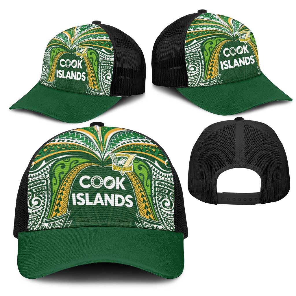 Cook Islands Rugby League Mesh Trucker Cap Tatau Tribal Motifs-Dark Green Color - Polynesian Pride