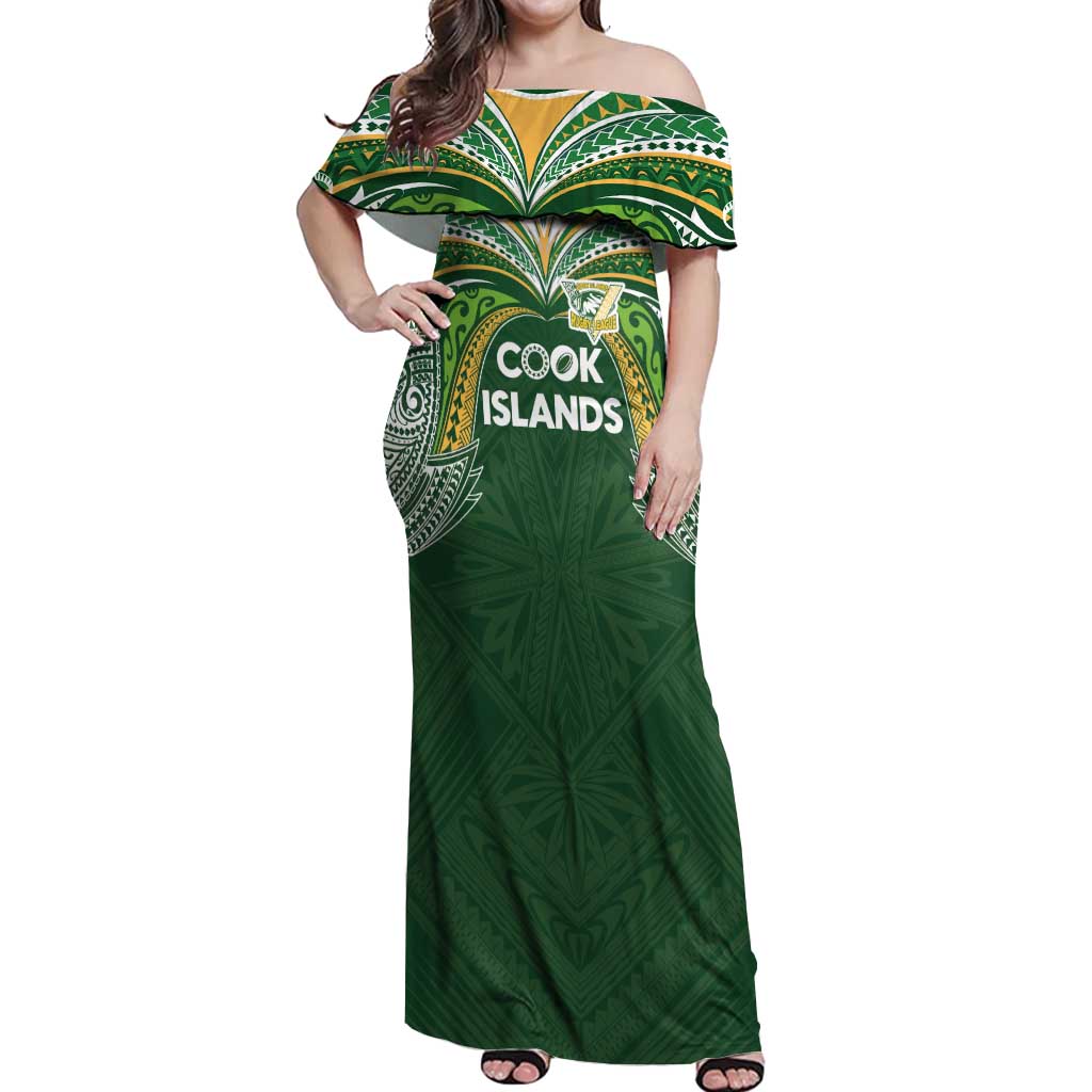 Custom Cook Islands Rugby League Off Shoulder Maxi Dress Tatau Tribal Motifs-Dark Green Color - Polynesian Pride