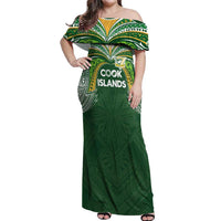 Custom Cook Islands Rugby League Off Shoulder Maxi Dress Tatau Tribal Motifs-Dark Green Color - Polynesian Pride
