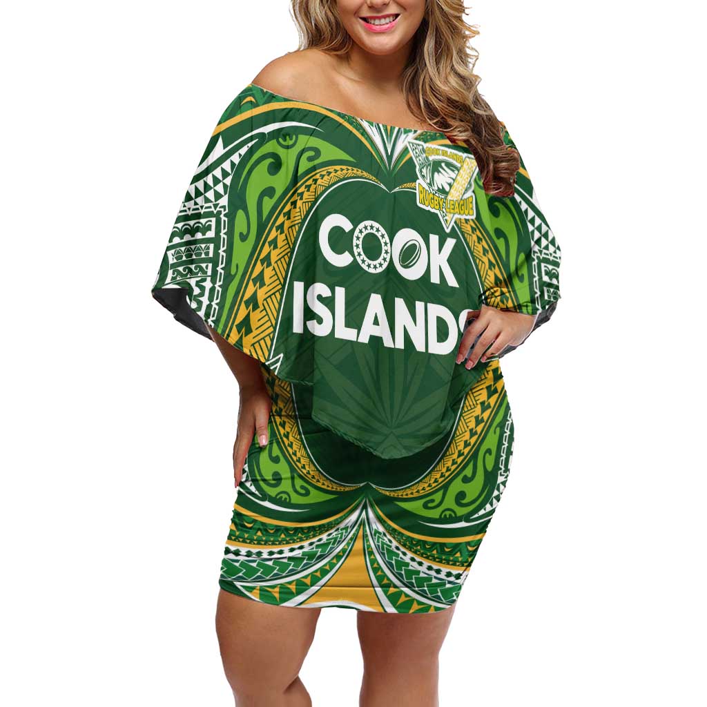 Custom Cook Islands Rugby League Off Shoulder Short Dress Tatau Tribal Motifs-Dark Green Color - Polynesian Pride