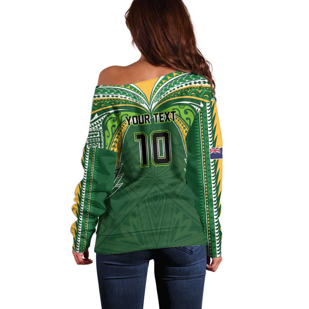 Custom Cook Islands Rugby League Off Shoulder Sweater Tatau Tribal Motifs-Dark Green Color - Polynesian Pride