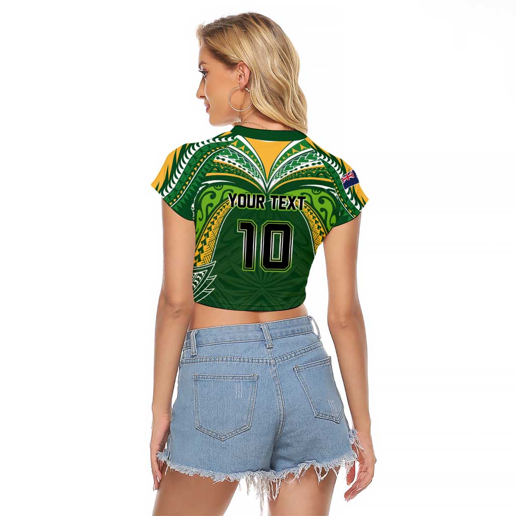 Custom Cook Islands Rugby League Raglan Cropped T Shirt Tatau Tribal Motifs-Dark Green Color - Polynesian Pride