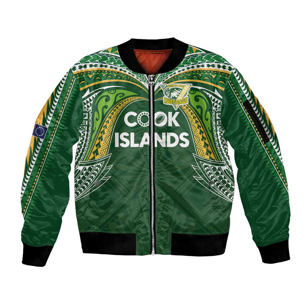 Custom Cook Islands Rugby League Sleeve Zip Bomber Jacket Tatau Tribal Motifs-Dark Green Color LT03 Unisex Green - Polynesian Pride
