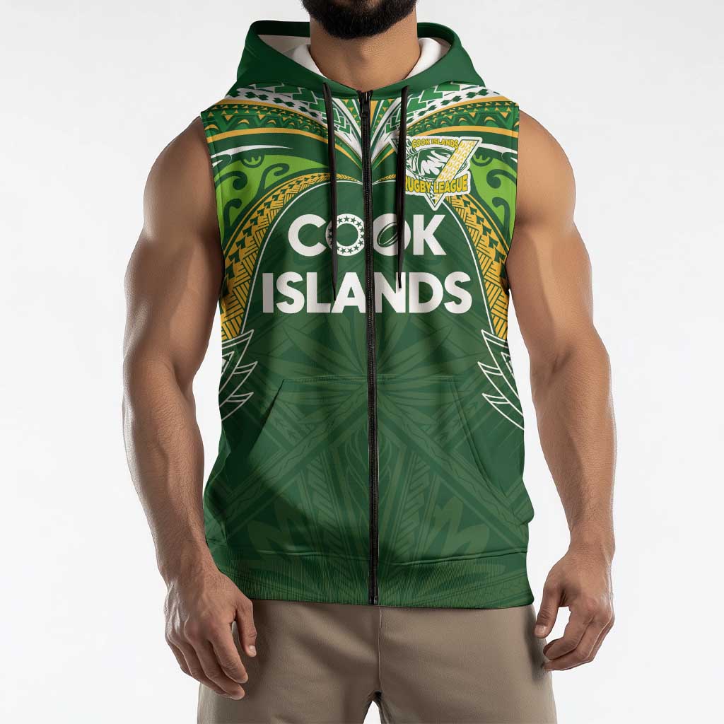 Custom Cook Islands Rugby League Sleeveless Zip Hoodie Tatau Tribal Motifs-Dark Green Color - Polynesian Pride