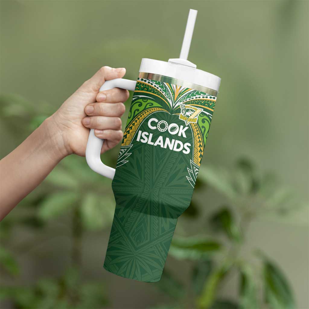 Custom Cook Islands Rugby League Tumbler With Handle Tatau Tribal Motifs-Dark Green Color - Polynesian Pride