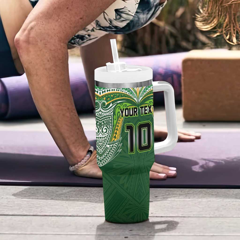 Custom Cook Islands Rugby League Tumbler With Handle Tatau Tribal Motifs-Dark Green Color - Polynesian Pride
