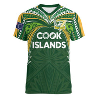 Custom Cook Islands Rugby League Women V-Neck T-Shirt Tatau Tribal Motifs-Dark Green Color - Polynesian Pride