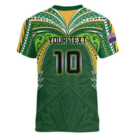 Custom Cook Islands Rugby League Women V-Neck T-Shirt Tatau Tribal Motifs-Dark Green Color - Polynesian Pride