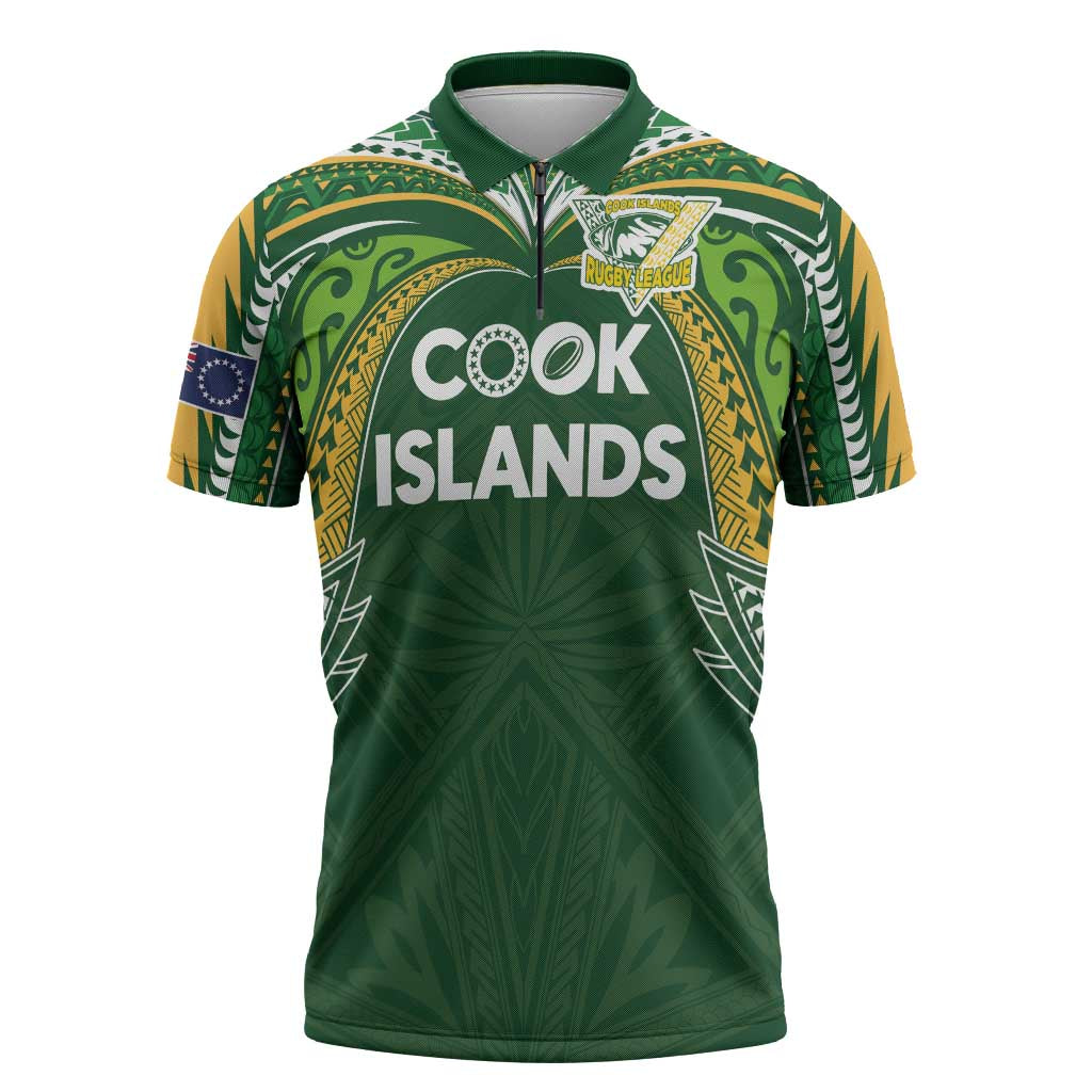 Custom Cook Islands Rugby League Zipper Polo Shirt Tatau Tribal Motifs-Dark Green Color - Polynesian Pride
