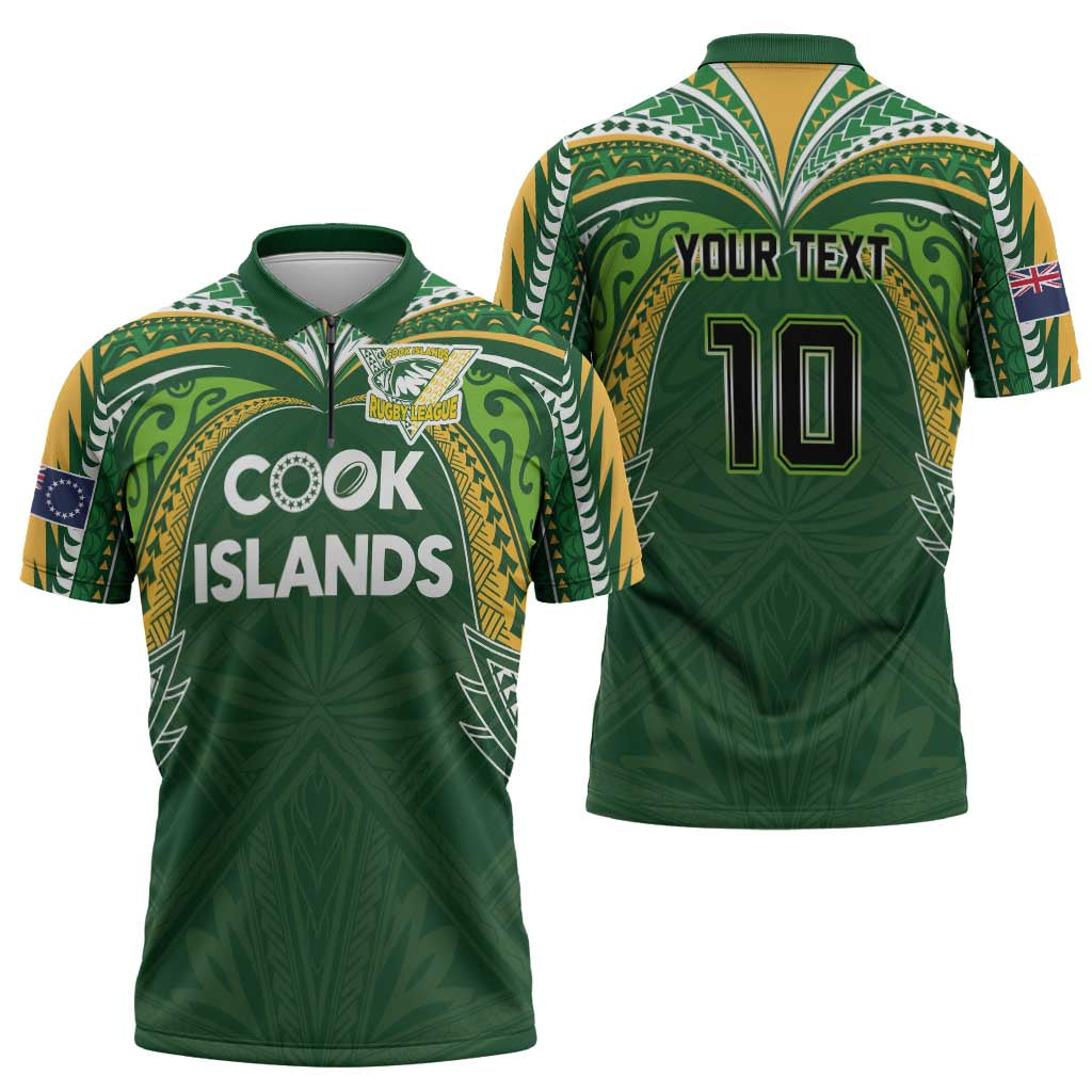 Custom Cook Islands Rugby League Zipper Polo Shirt Tatau Tribal Motifs-Dark Green Color - Polynesian Pride