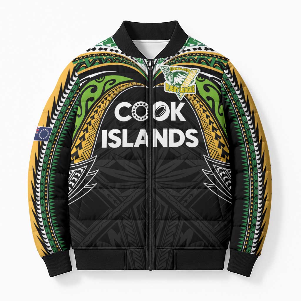 Custom Cook Islands Rugby League Bomber Puffer Jacket Tatau Tribal Motifs-Black Color LT03 Unisex Black - Polynesian Pride