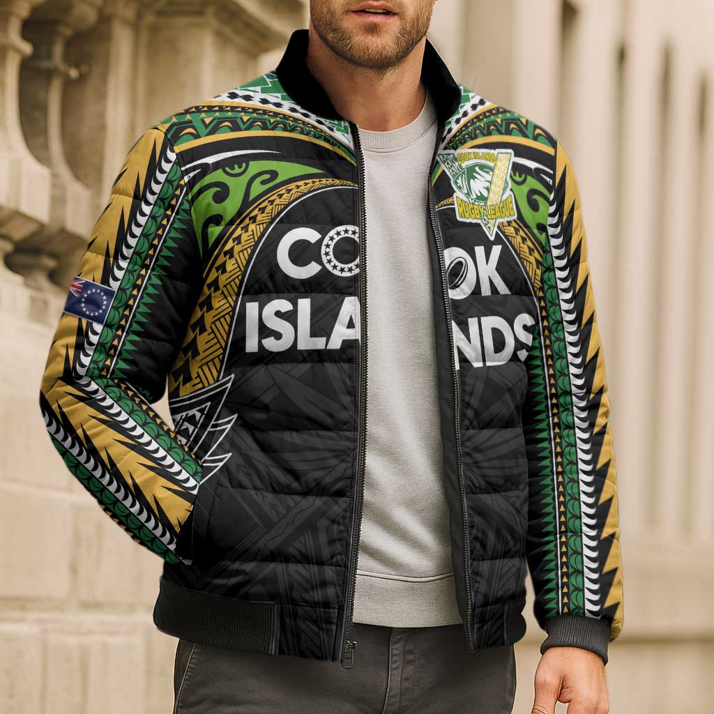 Custom Cook Islands Rugby League Bomber Puffer Jacket Tatau Tribal Motifs-Black Color LT03 - Polynesian Pride