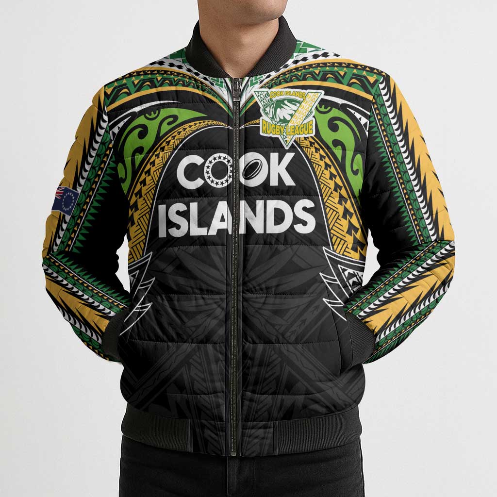 Custom Cook Islands Rugby League Bomber Puffer Jacket Tatau Tribal Motifs-Black Color LT03 - Polynesian Pride
