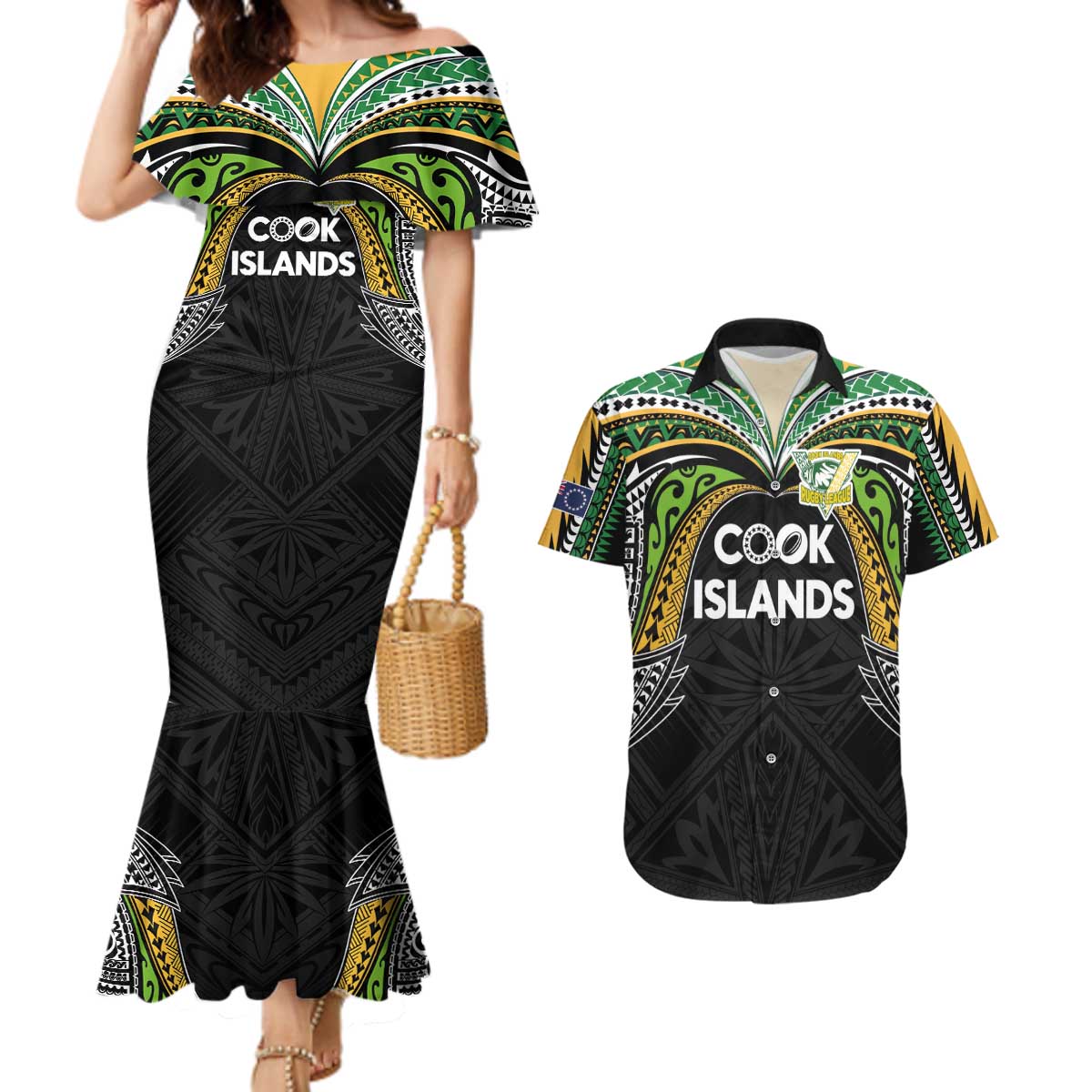 Custom Cook Islands Rugby League Couples Matching Mermaid Dress and Hawaiian Shirt Tatau Tribal Motifs-Black Color LT03 Black - Polynesian Pride