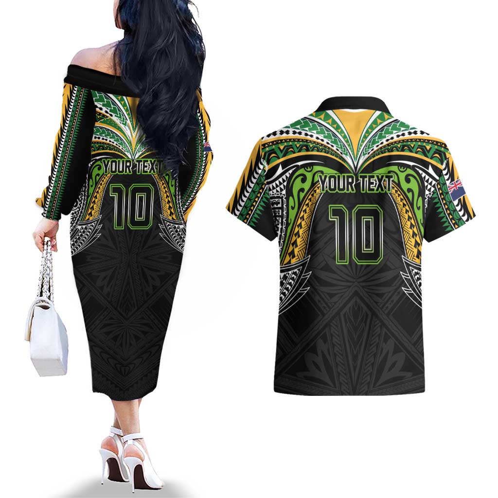 Custom Cook Islands Rugby League Couples Matching Off The Shoulder Long Sleeve Dress and Hawaiian Shirt Tatau Tribal Motifs-Black Color - Polynesian Pride