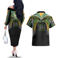 Custom Cook Islands Rugby League Couples Matching Off The Shoulder Long Sleeve Dress and Hawaiian Shirt Tatau Tribal Motifs-Black Color - Polynesian Pride