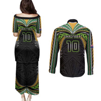 Custom Cook Islands Rugby League Couples Matching Puletasi and Long Sleeve Button Shirt Tatau Tribal Motifs-Black Color - Polynesian Pride