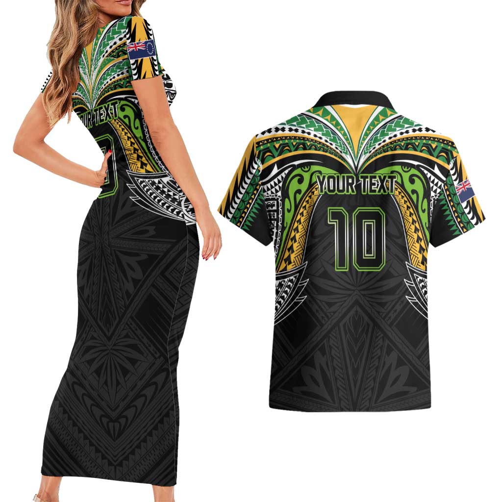 Custom Cook Islands Rugby League Couples Matching Short Sleeve Bodycon Dress and Hawaiian Shirt Tatau Tribal Motifs-Black Color - Polynesian Pride