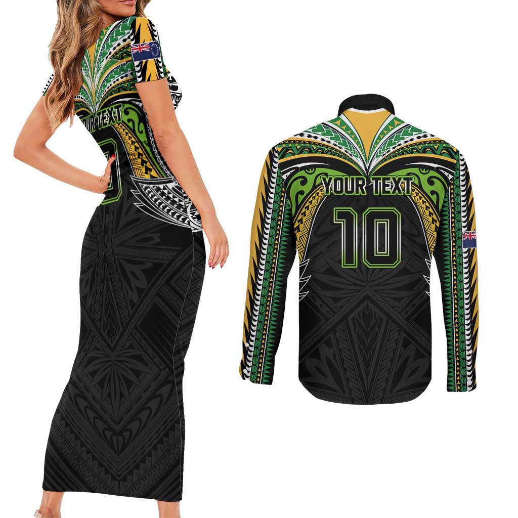 Custom Cook Islands Rugby League Couples Matching Short Sleeve Bodycon Dress and Long Sleeve Button Shirt Tatau Tribal Motifs-Black Color - Polynesian Pride