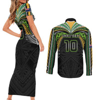 Custom Cook Islands Rugby League Couples Matching Short Sleeve Bodycon Dress and Long Sleeve Button Shirt Tatau Tribal Motifs-Black Color - Polynesian Pride