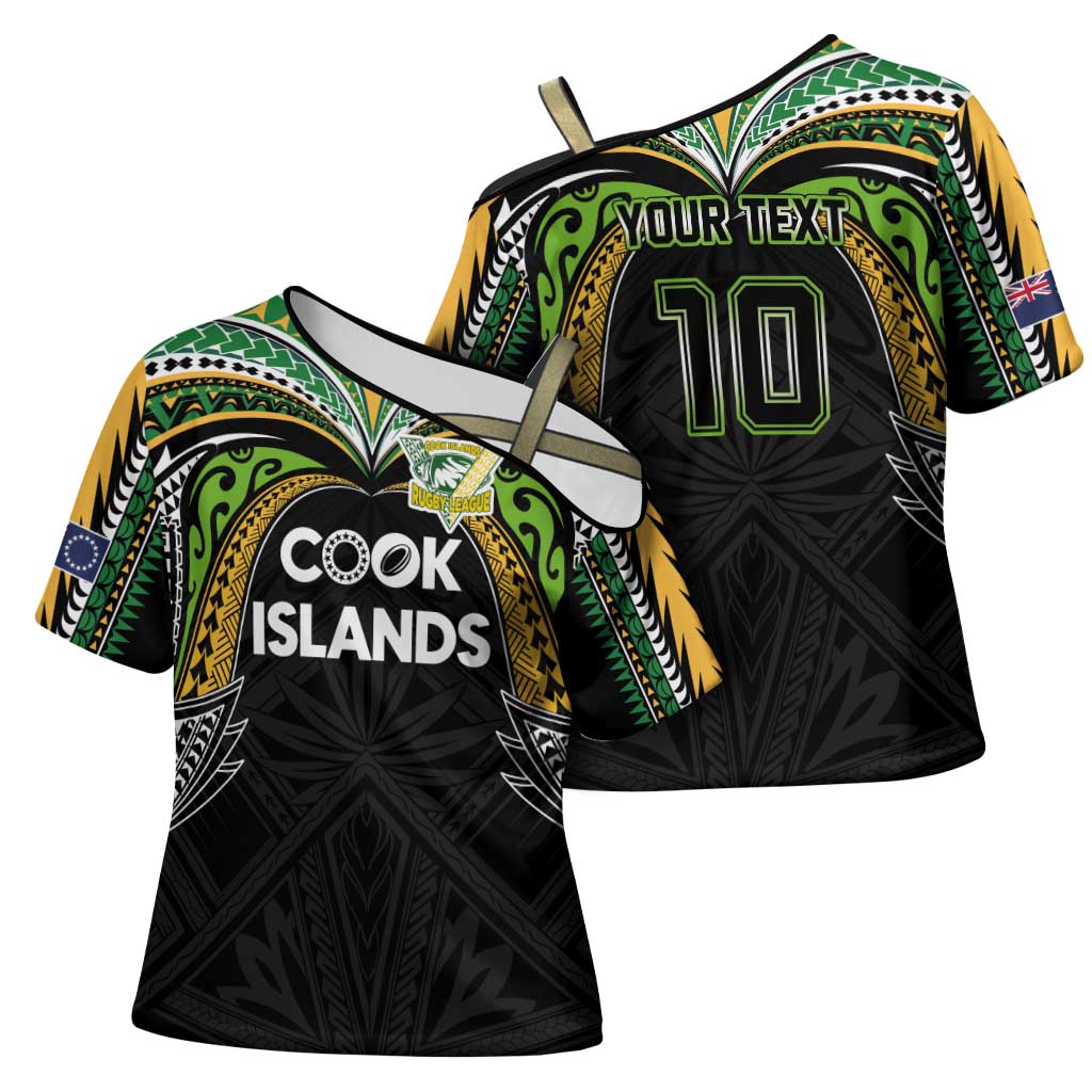 Custom Cook Islands Rugby League Cross Shoulder Shirt Tatau Tribal Motifs-Black Color - Polynesian Pride