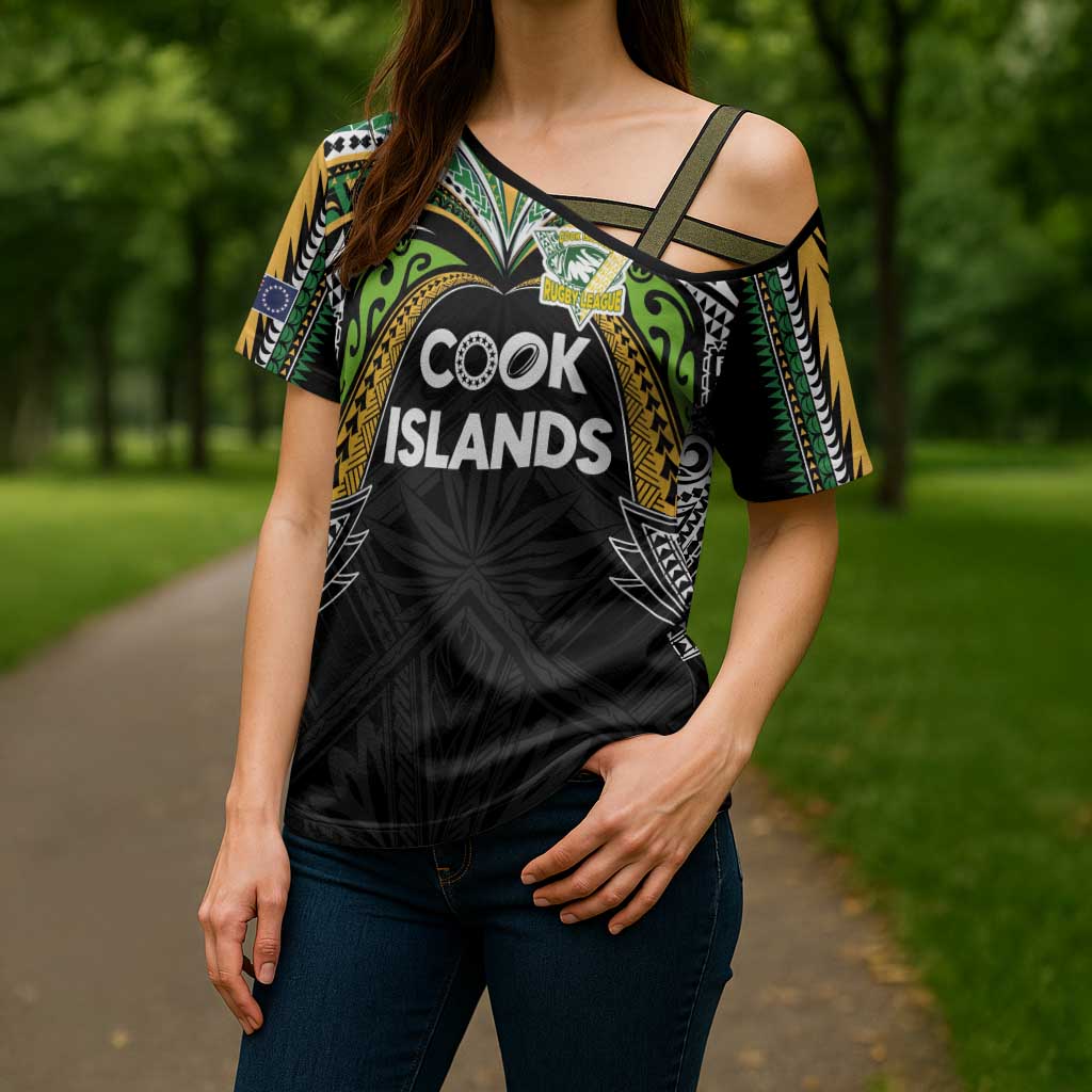 Custom Cook Islands Rugby League Cross Shoulder Shirt Tatau Tribal Motifs-Black Color - Polynesian Pride