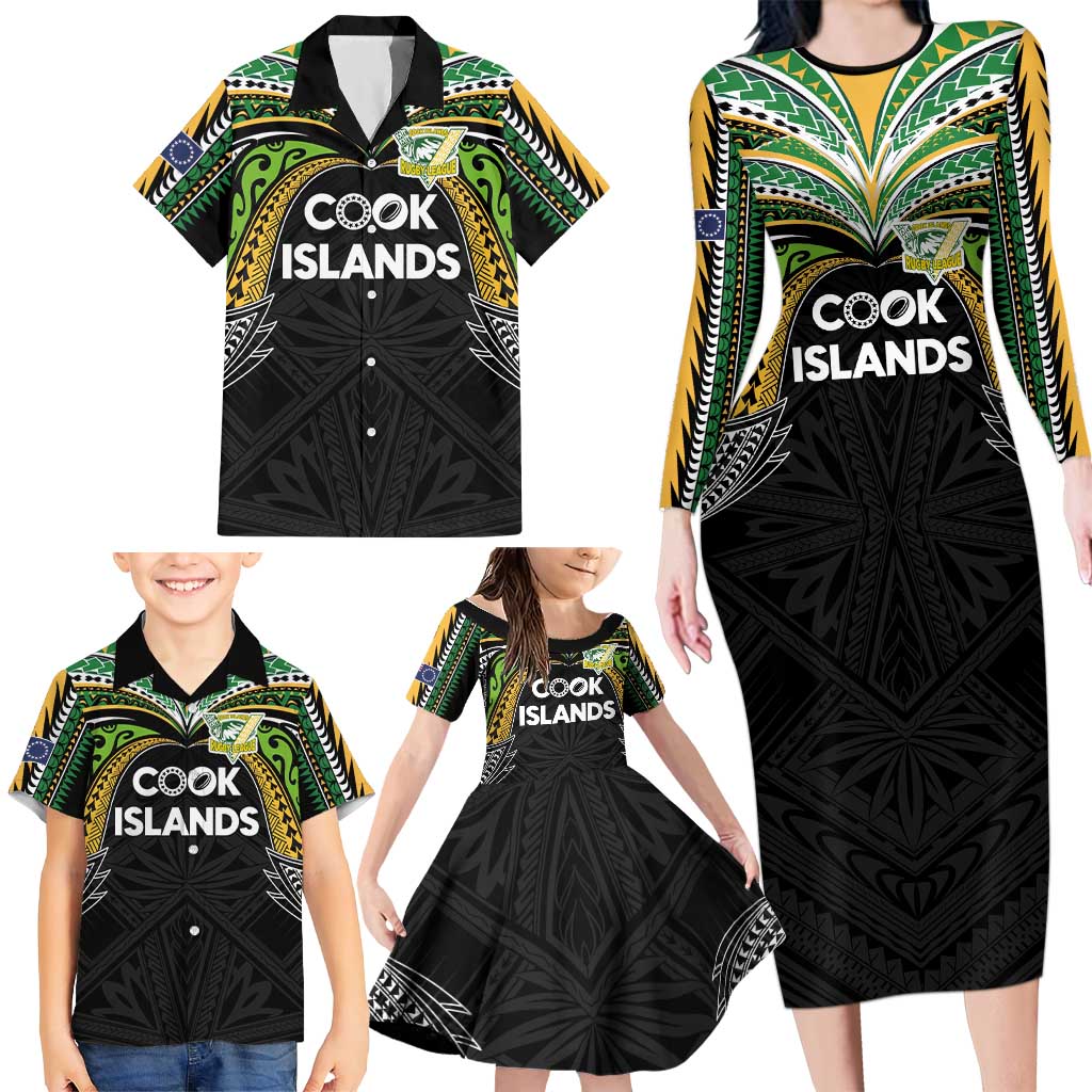 Custom Cook Islands Rugby League Family Matching Long Sleeve Bodycon Dress and Hawaiian Shirt Tatau Tribal Motifs-Black Color LT03 - Polynesian Pride