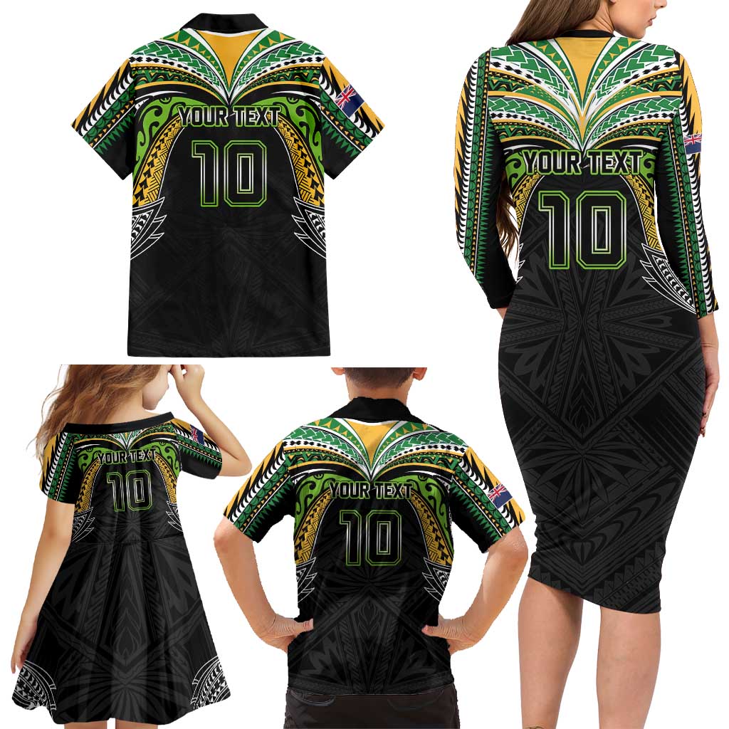 Custom Cook Islands Rugby League Family Matching Long Sleeve Bodycon Dress and Hawaiian Shirt Tatau Tribal Motifs-Black Color LT03 - Polynesian Pride