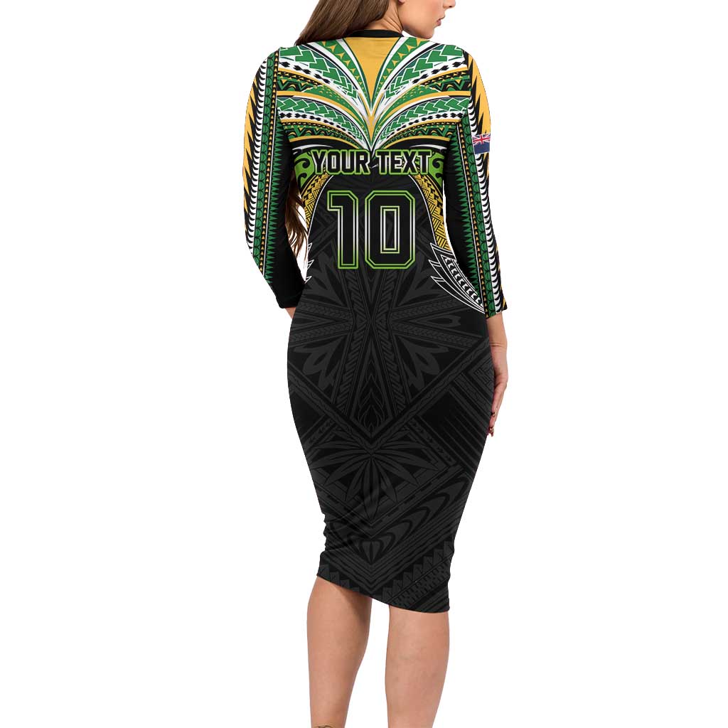 Custom Cook Islands Rugby League Family Matching Long Sleeve Bodycon Dress and Hawaiian Shirt Tatau Tribal Motifs-Black Color LT03 - Polynesian Pride