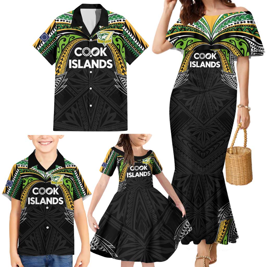 Custom Cook Islands Rugby League Family Matching Mermaid Dress and Hawaiian Shirt Tatau Tribal Motifs-Black Color LT03 - Polynesian Pride