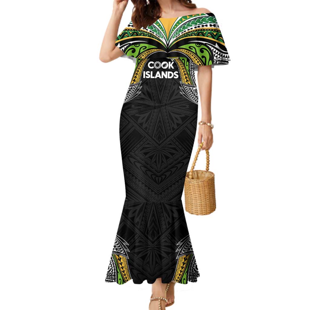 Custom Cook Islands Rugby League Family Matching Mermaid Dress and Hawaiian Shirt Tatau Tribal Motifs-Black Color LT03 Mom's Dress Black - Polynesian Pride
