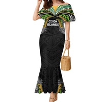 Custom Cook Islands Rugby League Family Matching Mermaid Dress and Hawaiian Shirt Tatau Tribal Motifs-Black Color LT03 Mom's Dress Black - Polynesian Pride
