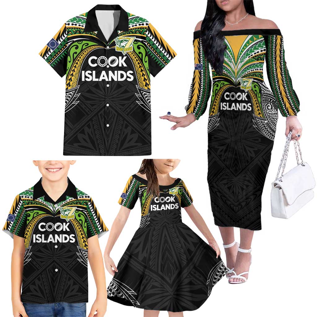 Custom Cook Islands Rugby League Family Matching Off The Shoulder Long Sleeve Dress and Hawaiian Shirt Tatau Tribal Motifs-Black Color LT03 - Polynesian Pride