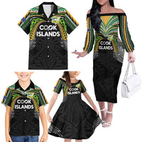 Custom Cook Islands Rugby League Family Matching Off The Shoulder Long Sleeve Dress and Hawaiian Shirt Tatau Tribal Motifs-Black Color LT03 - Polynesian Pride