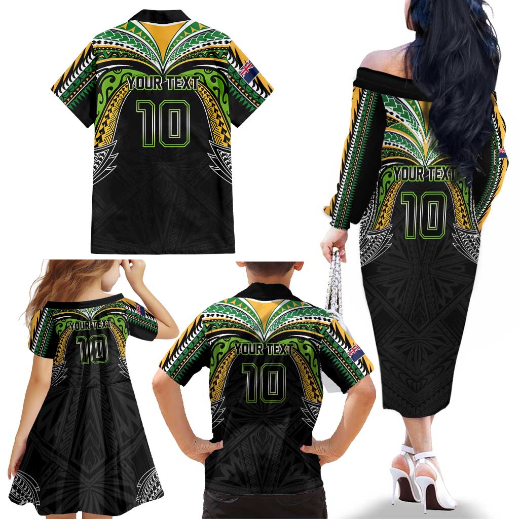Custom Cook Islands Rugby League Family Matching Off The Shoulder Long Sleeve Dress and Hawaiian Shirt Tatau Tribal Motifs-Black Color LT03 - Polynesian Pride
