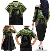 Custom Cook Islands Rugby League Family Matching Off The Shoulder Long Sleeve Dress and Hawaiian Shirt Tatau Tribal Motifs-Black Color LT03 - Polynesian Pride