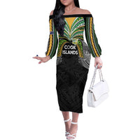 Custom Cook Islands Rugby League Family Matching Off The Shoulder Long Sleeve Dress and Hawaiian Shirt Tatau Tribal Motifs-Black Color LT03 Mom's Dress Black - Polynesian Pride