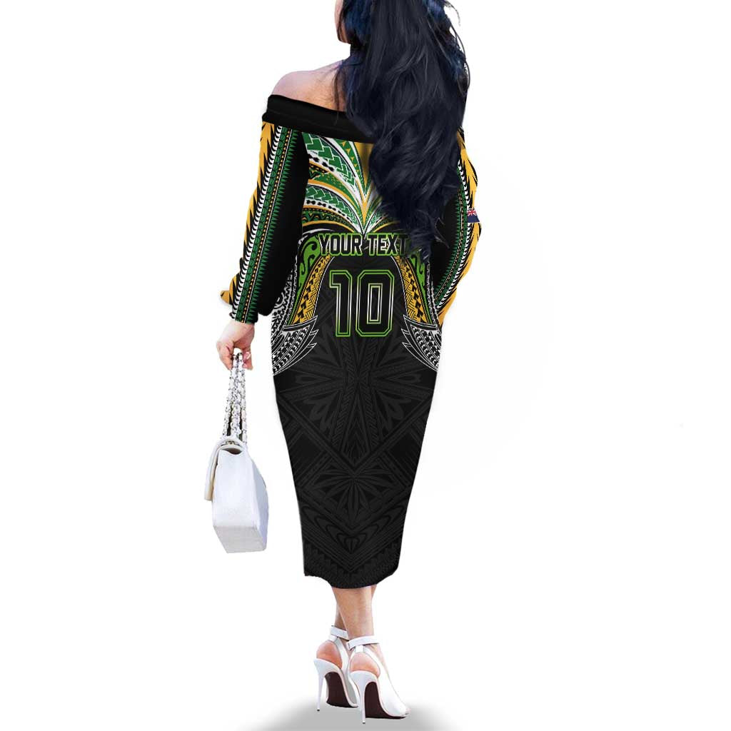 Custom Cook Islands Rugby League Family Matching Off The Shoulder Long Sleeve Dress and Hawaiian Shirt Tatau Tribal Motifs-Black Color LT03 - Polynesian Pride