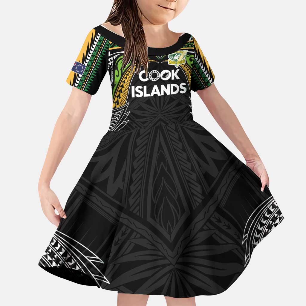 Custom Cook Islands Rugby League Family Matching Off Shoulder Maxi Dress and Hawaiian Shirt Tatau Tribal Motifs-Black Color LT03 Daughter's Dress Black - Polynesian Pride