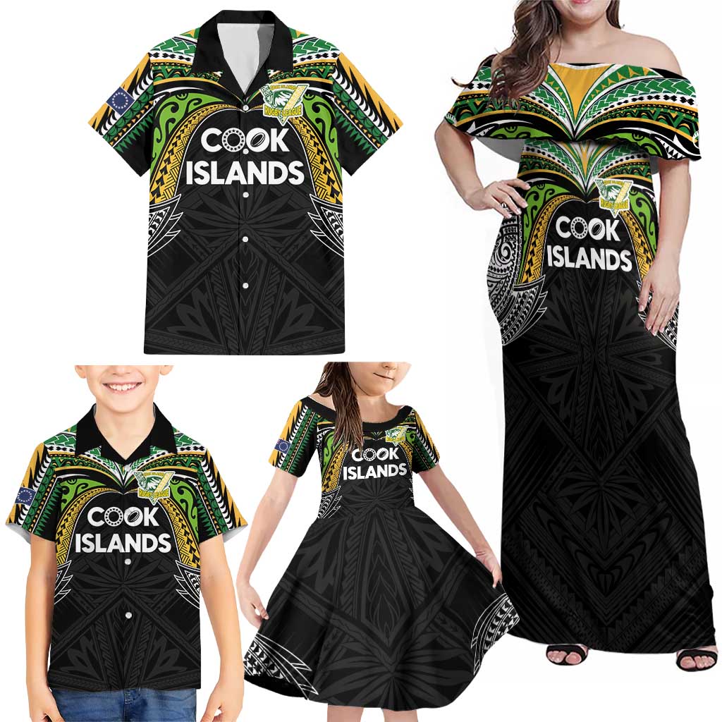 Custom Cook Islands Rugby League Family Matching Off Shoulder Maxi Dress and Hawaiian Shirt Tatau Tribal Motifs-Black Color LT03 - Polynesian Pride