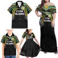 Custom Cook Islands Rugby League Family Matching Off Shoulder Maxi Dress and Hawaiian Shirt Tatau Tribal Motifs-Black Color LT03 - Polynesian Pride
