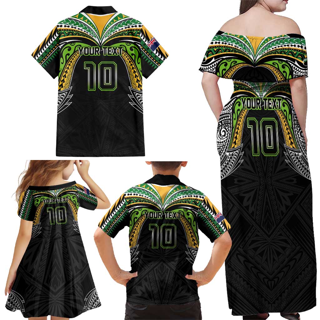 Custom Cook Islands Rugby League Family Matching Off Shoulder Maxi Dress and Hawaiian Shirt Tatau Tribal Motifs-Black Color LT03 - Polynesian Pride