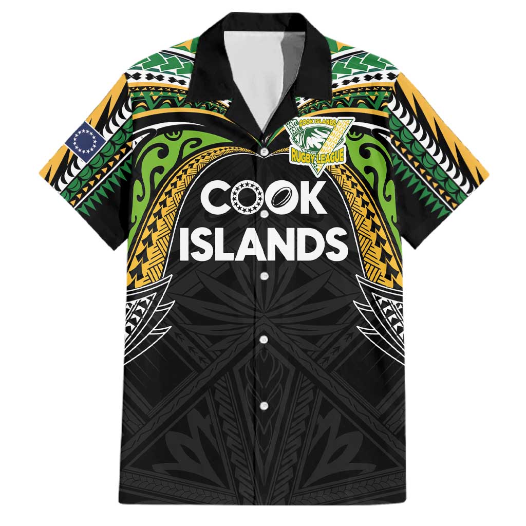 Custom Cook Islands Rugby League Family Matching Off Shoulder Maxi Dress and Hawaiian Shirt Tatau Tribal Motifs-Black Color LT03 Dad's Shirt - Short Sleeve Black - Polynesian Pride