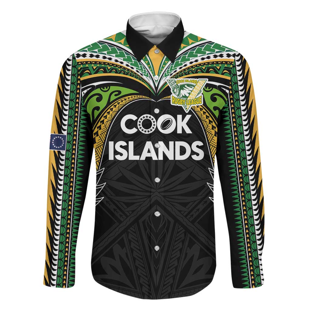 Custom Cook Islands Rugby League Family Matching Off Shoulder Maxi Dress and Hawaiian Shirt Tatau Tribal Motifs-Black Color LT03 Dad's Shirt - Long Sleeve Black - Polynesian Pride