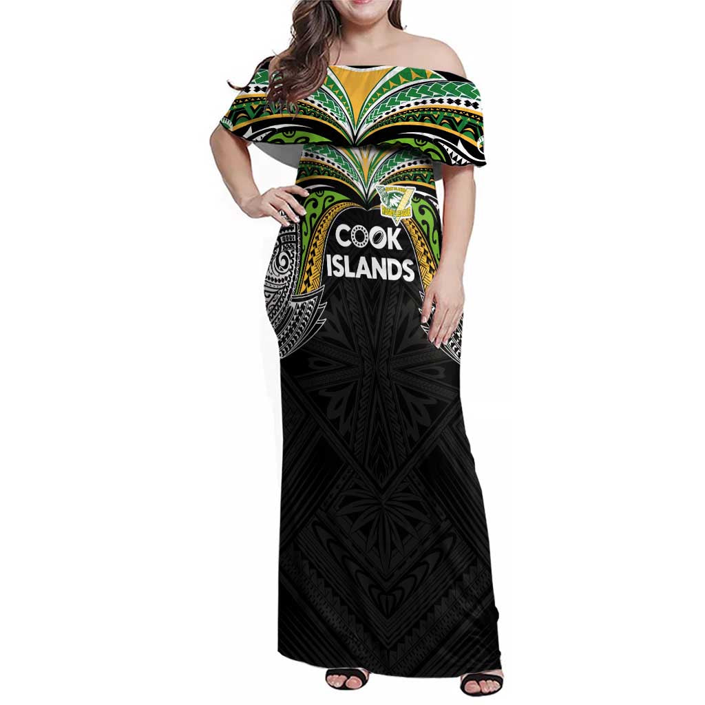 Custom Cook Islands Rugby League Family Matching Off Shoulder Maxi Dress and Hawaiian Shirt Tatau Tribal Motifs-Black Color LT03 Mom's Dress Black - Polynesian Pride