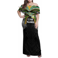 Custom Cook Islands Rugby League Family Matching Off Shoulder Maxi Dress and Hawaiian Shirt Tatau Tribal Motifs-Black Color LT03 Mom's Dress Black - Polynesian Pride