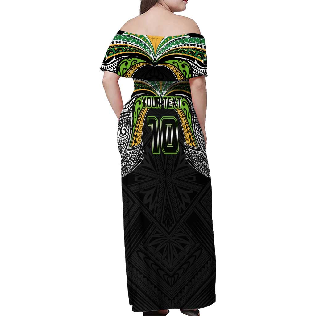 Custom Cook Islands Rugby League Family Matching Off Shoulder Maxi Dress and Hawaiian Shirt Tatau Tribal Motifs-Black Color LT03 - Polynesian Pride